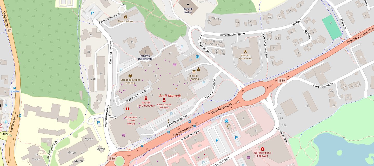 Kart over Knarvik sentrum med AMFI Knarvik midt i biletet